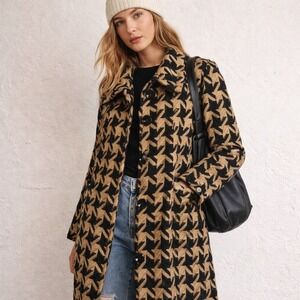 Focus 2000 Tan Black Preppy Old‎ Money Houndstooth Coat Wide Collar Pockets Sz 8